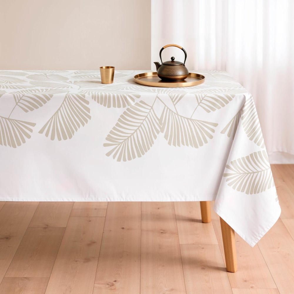 Weiße fleckabweisende Baumwoll-Tischdecke tropische Blätter
