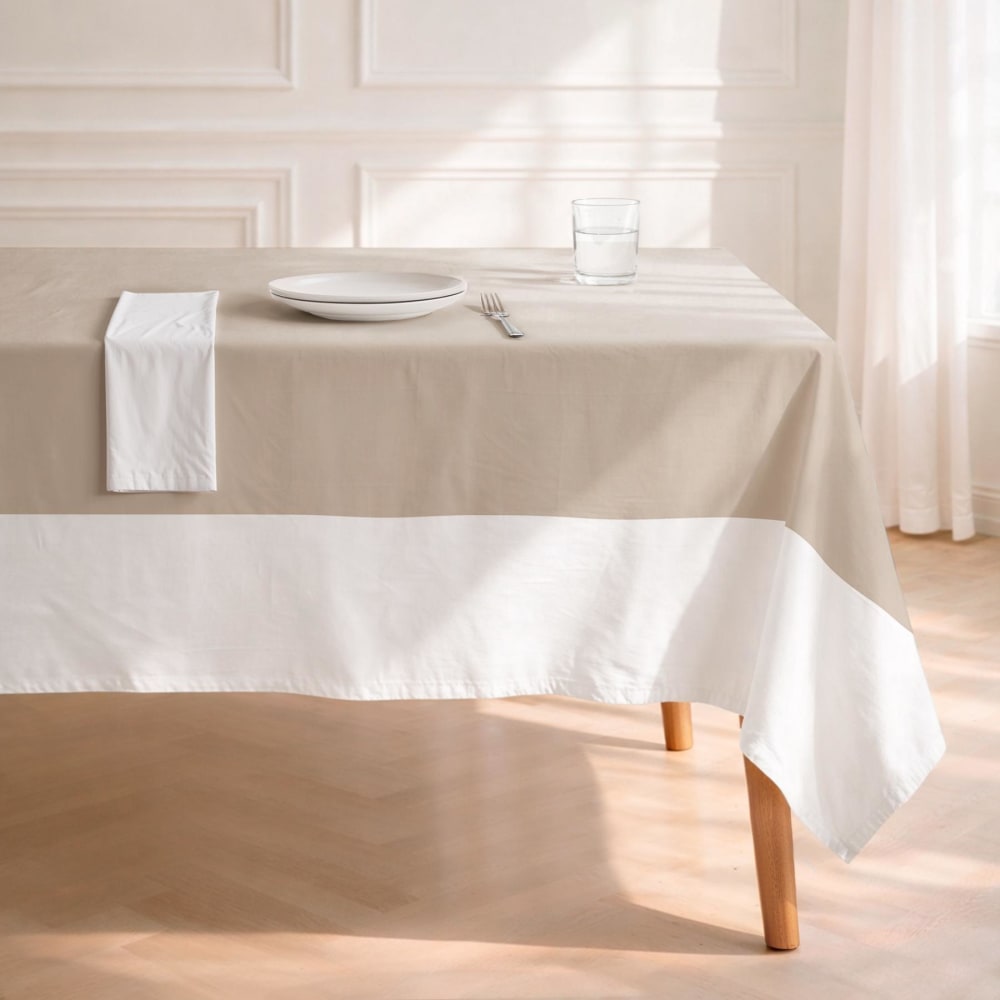 Nappe antitache en coton bicolore beige et blanc 155x155
