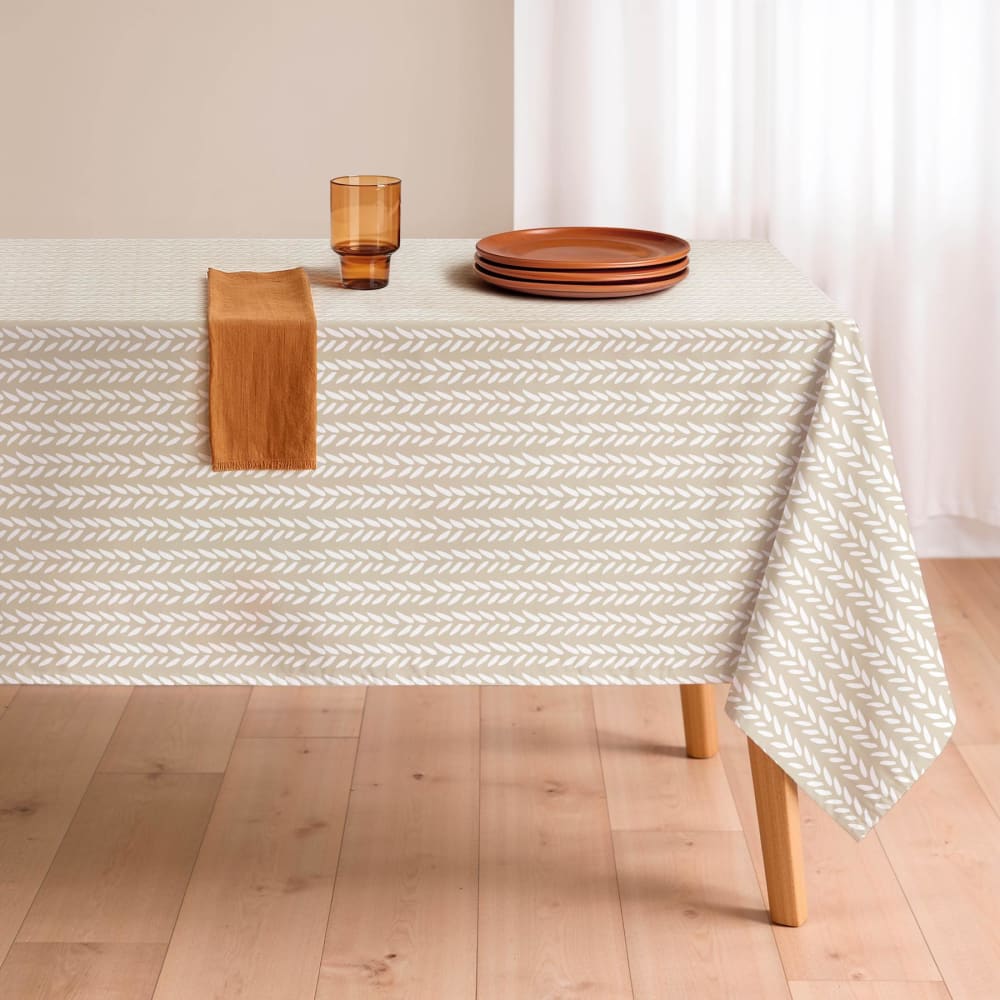 Nappe beige antitache en coton motif feuilles 155x155