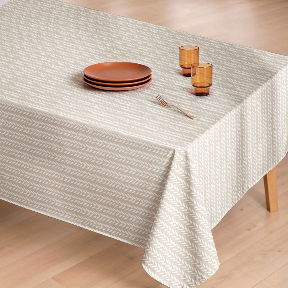 Beige fleckabweisende Baumwoll-Tischdecke Blättermuster 155x155 -
