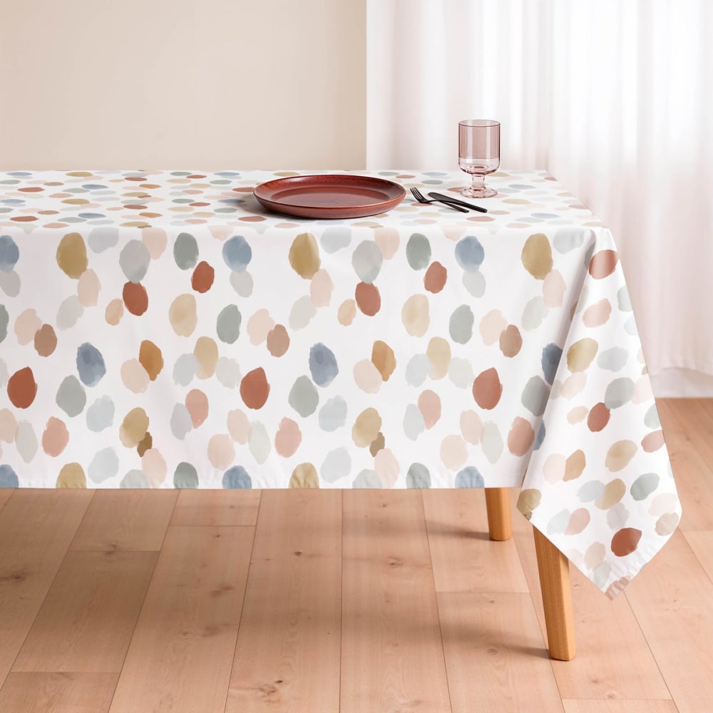 Nappe blanche antitache en coton motif taches multicolores 155x155