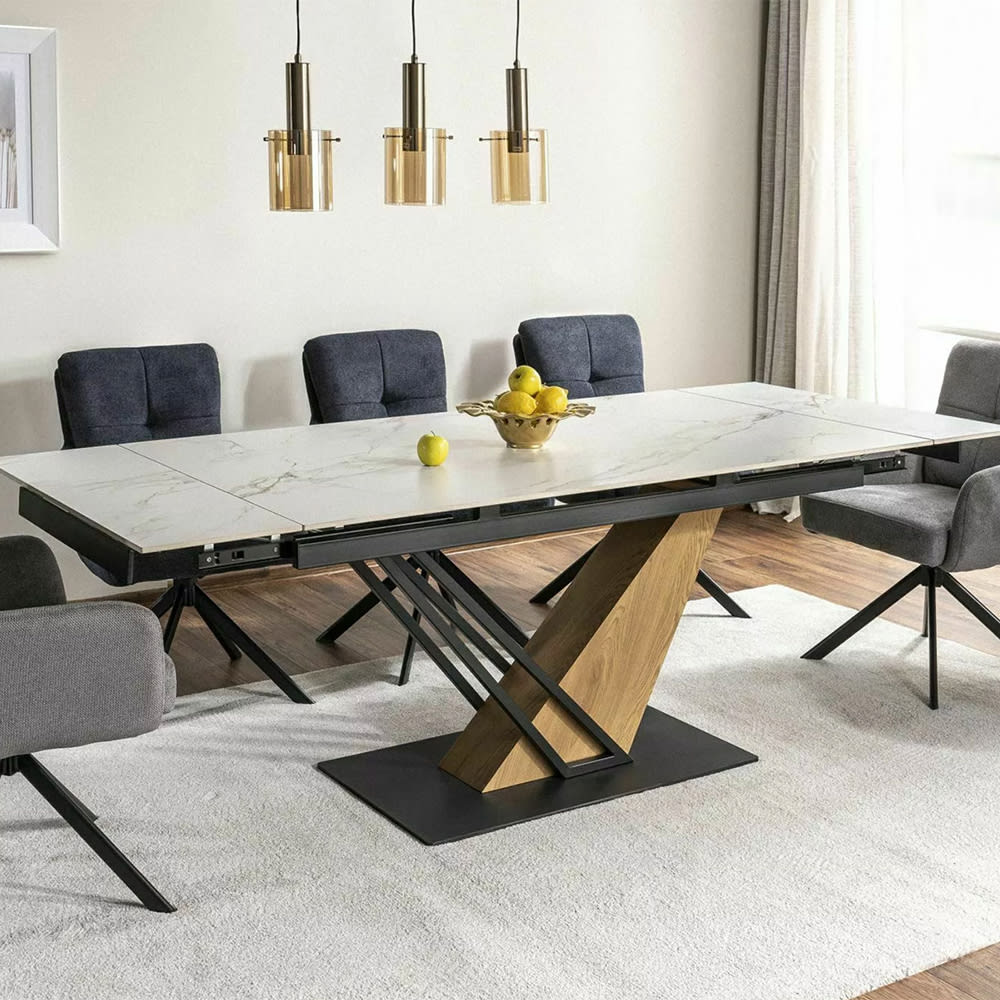 Esstisch ausziehbar aus Keramik 180-240x90x75cm, weißer Marmor -