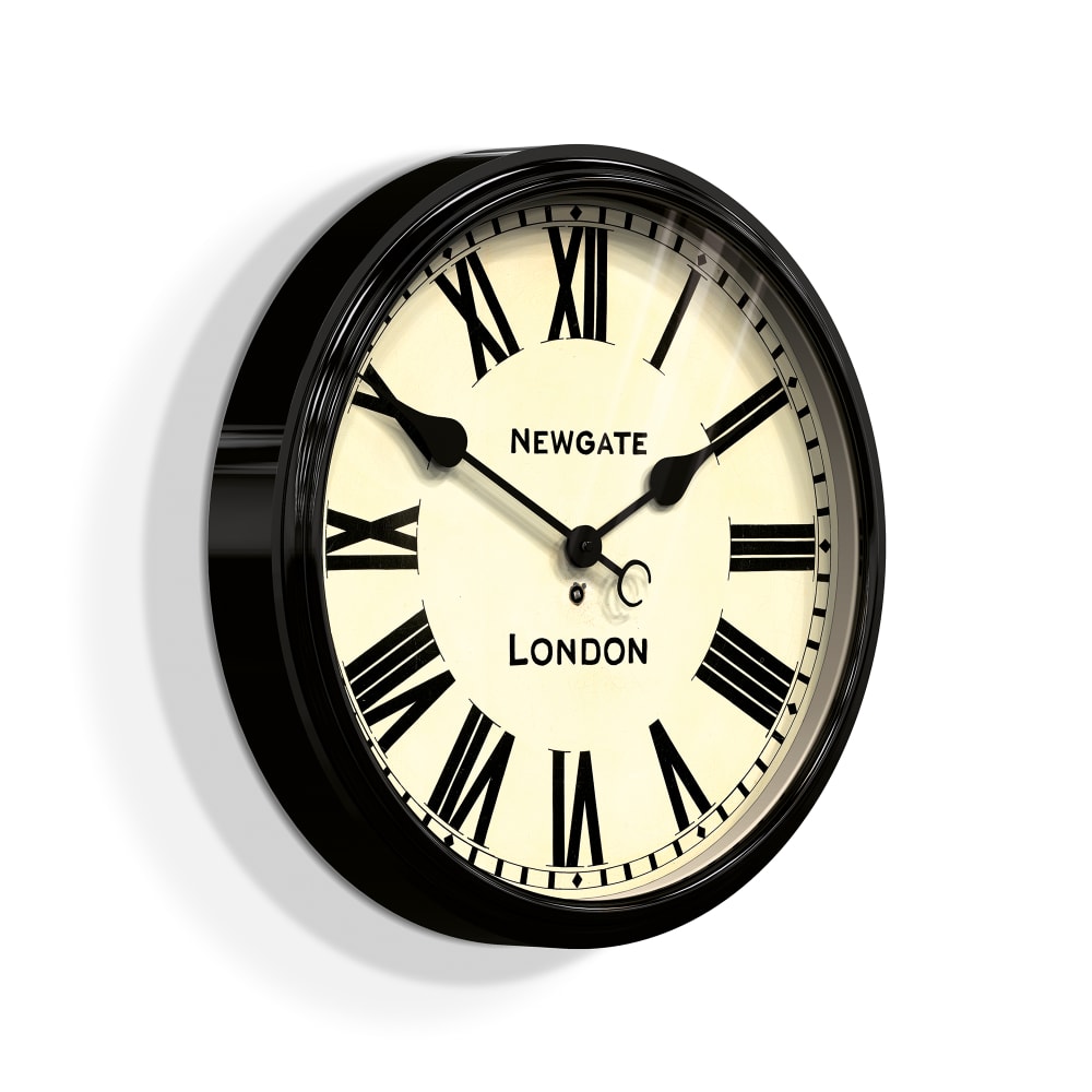 reloj de pared de estacion clasico redondo de metal negro brillante