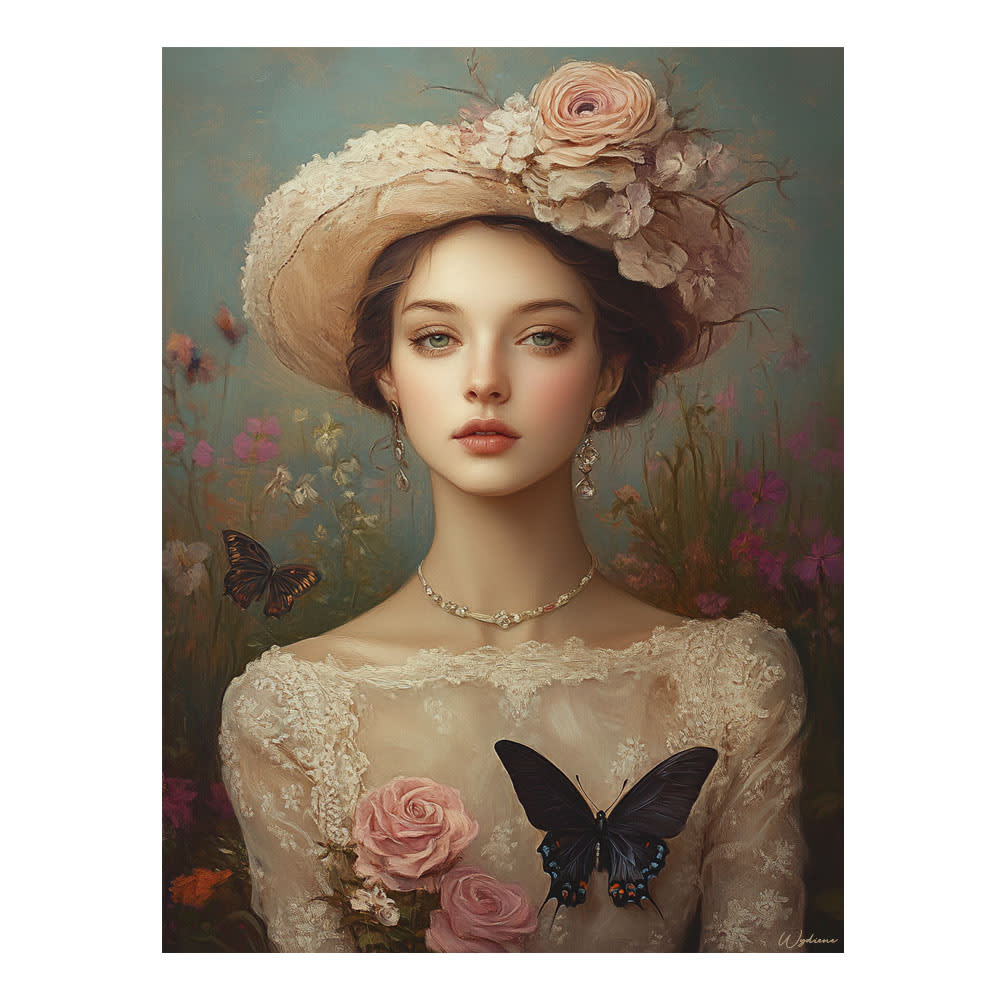 Tableau Femme avec fleurs - papillons