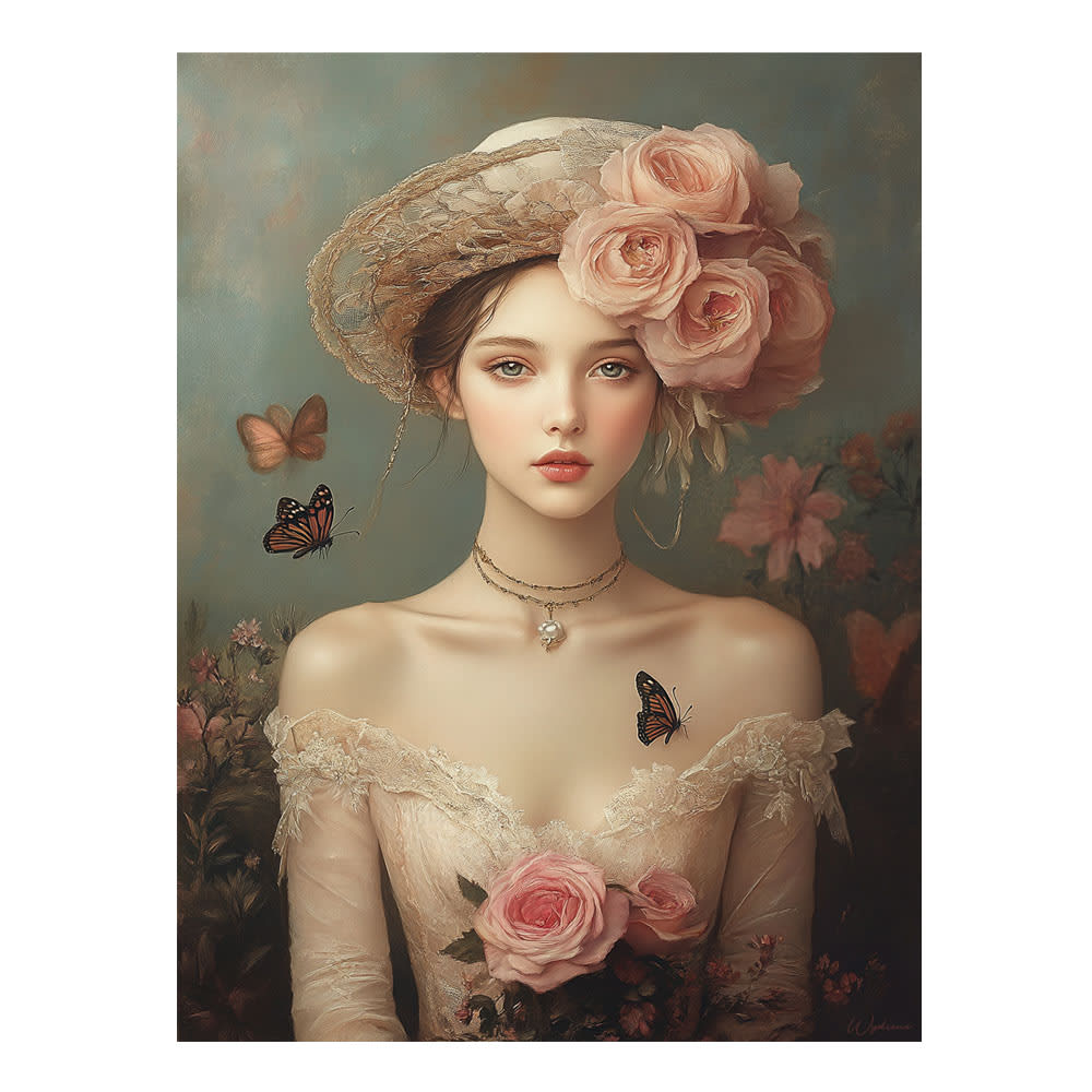 Tableau Femme avec fleurs - papillons