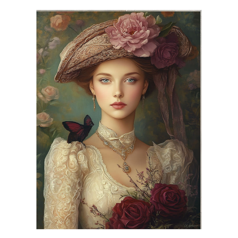 Tableau Femme avec fleurs - papillons