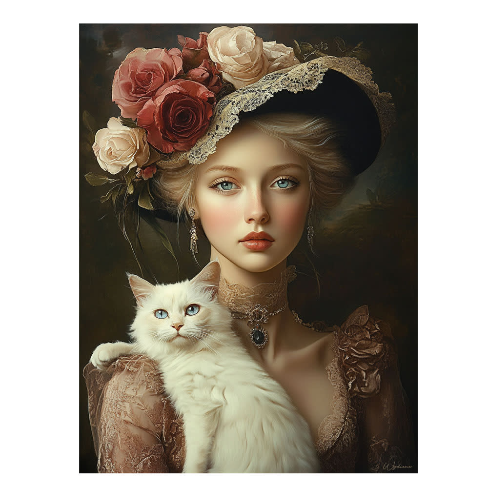 Tableau Femme avec chat - fleurs