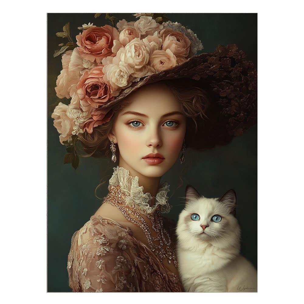 Tableau Femme avec fleurs et chat alu-dibond multicolore 30x40 cm