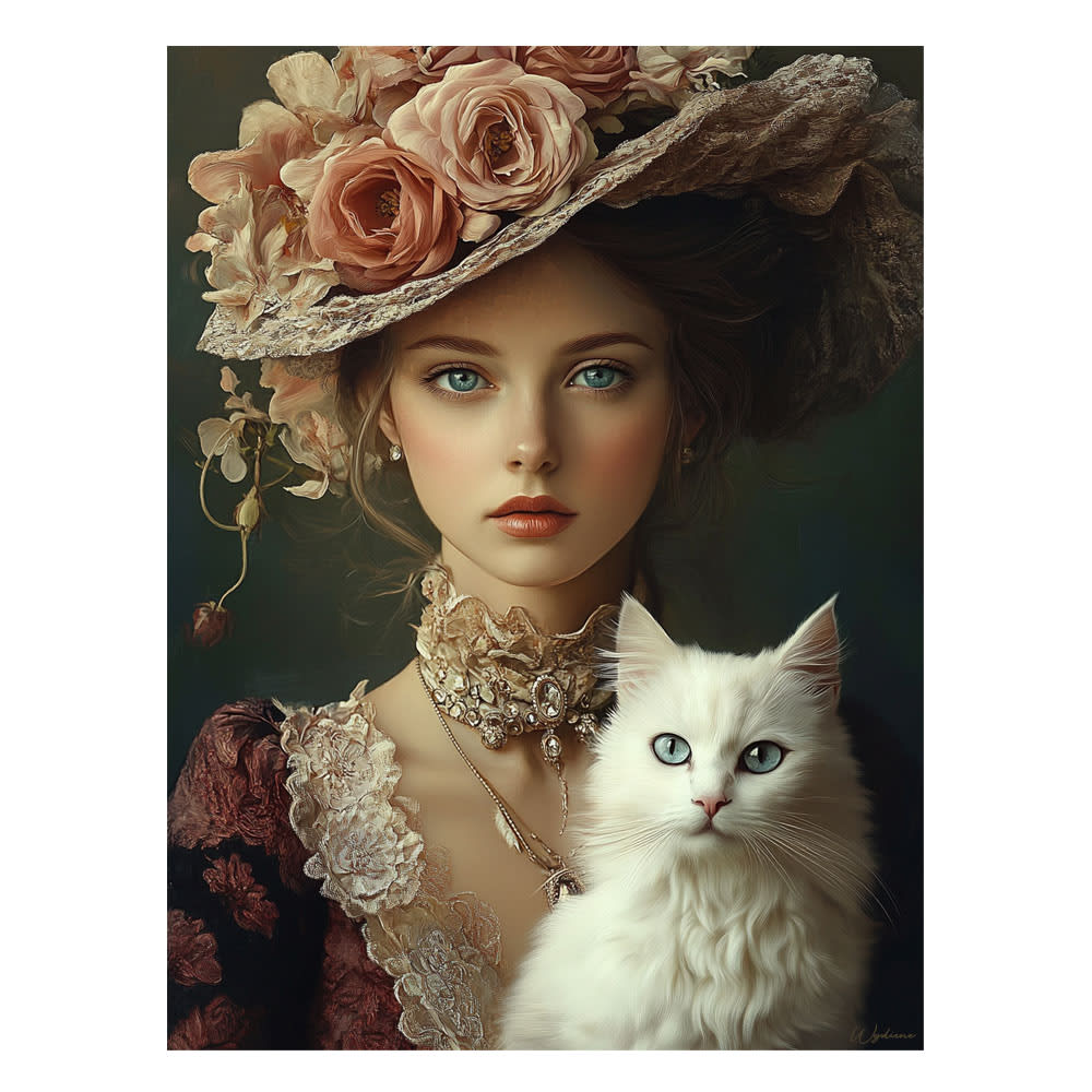 Tableau Femme avec fleurs et chat alu-dibond multicolore 100x75 cm