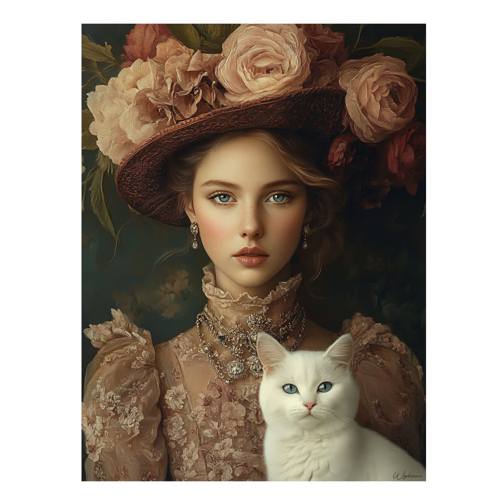 Tableau Femme avec chat - fleurs