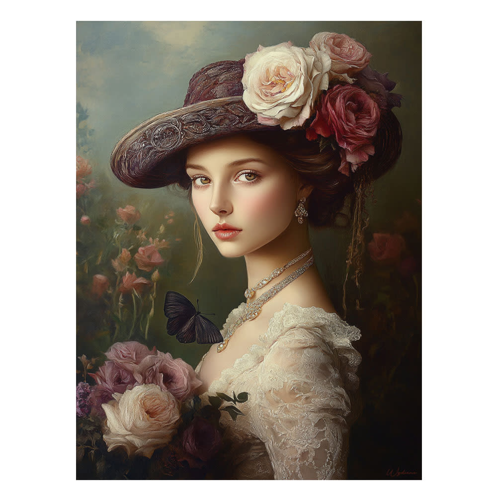 Tableau Femme avec fleurs et papillons alu-dibond multicolore 15x20 cm