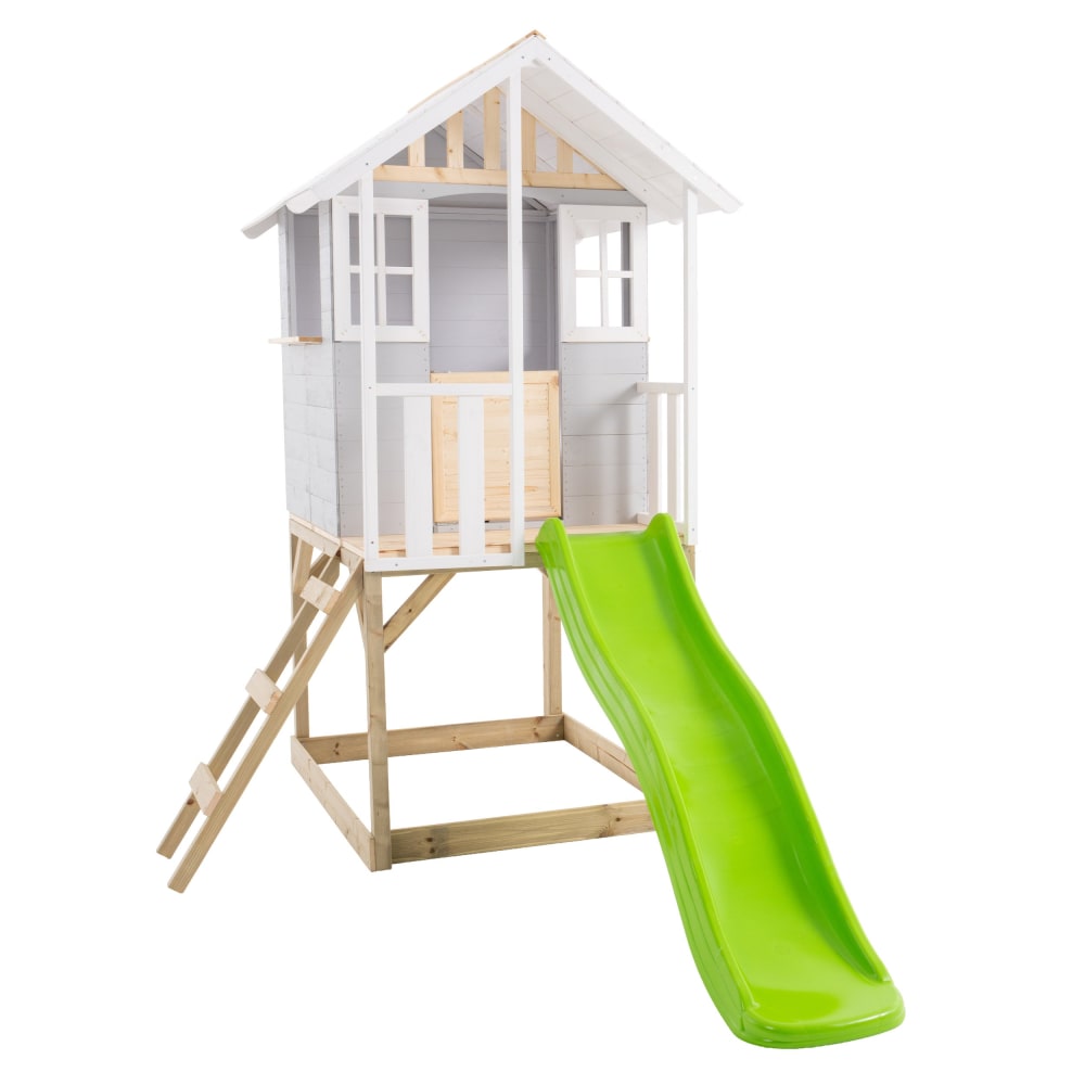 Spielhaus auf Stelzen mit Balkon und Rutsche Holz FSC® Braun -