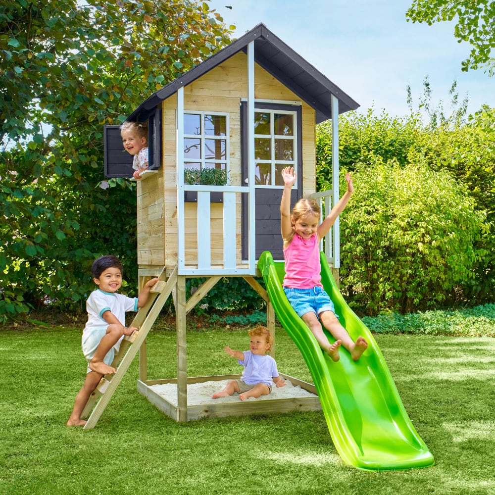 Spielhaus auf Stelzen mit Balkon und Rutsche Holz FSC® Braun -