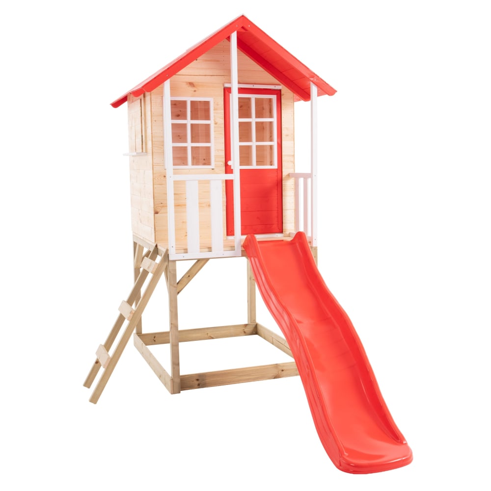 TP Toys Spielhaus auf Stelzen mit Balkon und Rutsche Holz FSC Rot Braun Holz