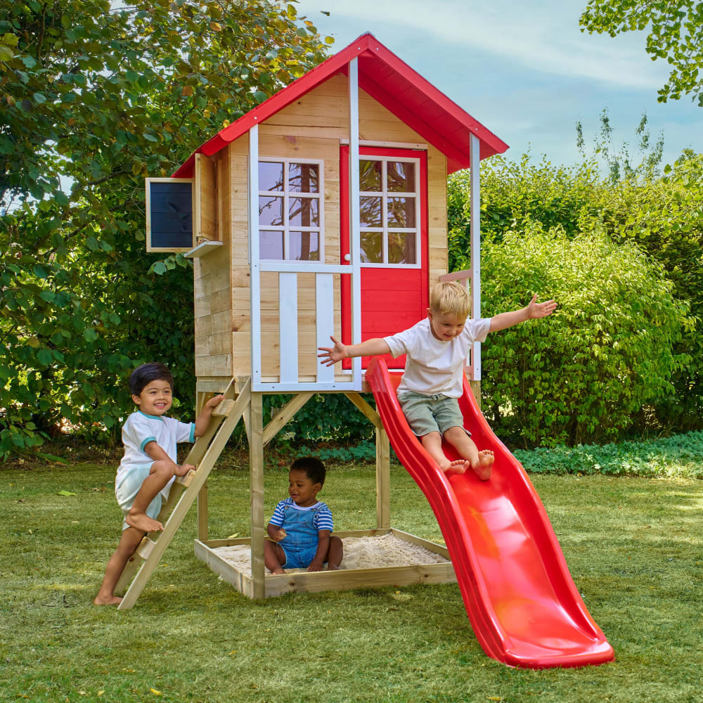 Spielhaus auf Stelzen mit Balkon und Rutsche Holz FSC® Rot -