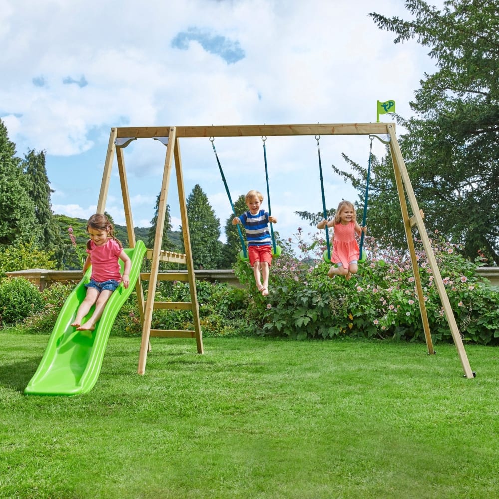 Schaukelstation mit 2 Schaukeln und Rutsche Holz H200cm Braun -