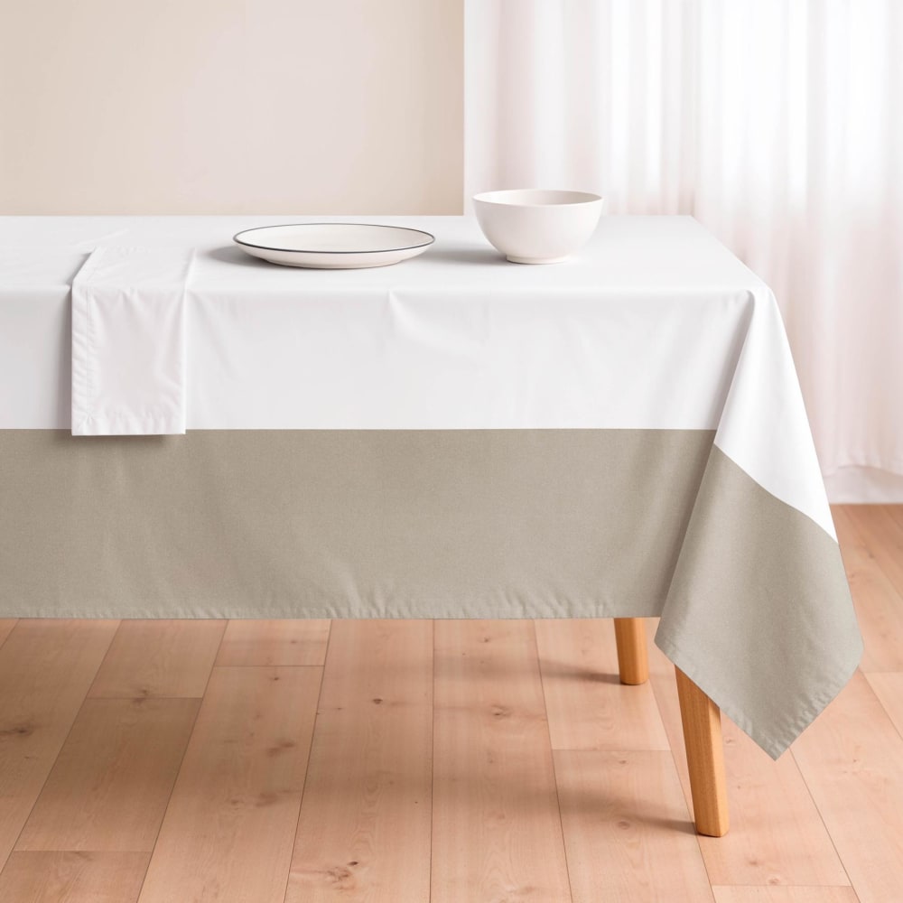 Nappe antitache en coton bicolore blanc et beige 155x100