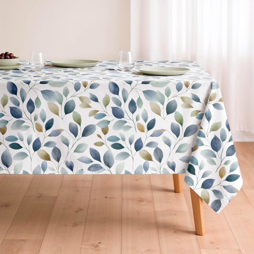 Nappe antitache en coton à feuilles bleues et vertes 155x100 Nappe antitache en coton à feuilles bleues et vertes 155x100