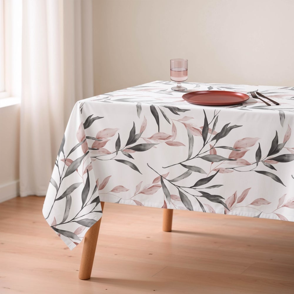Mint Weiße fleckabweisende Tischdecke mit grauen und rosa Zweigen 155x250 style modern - Baumwolle