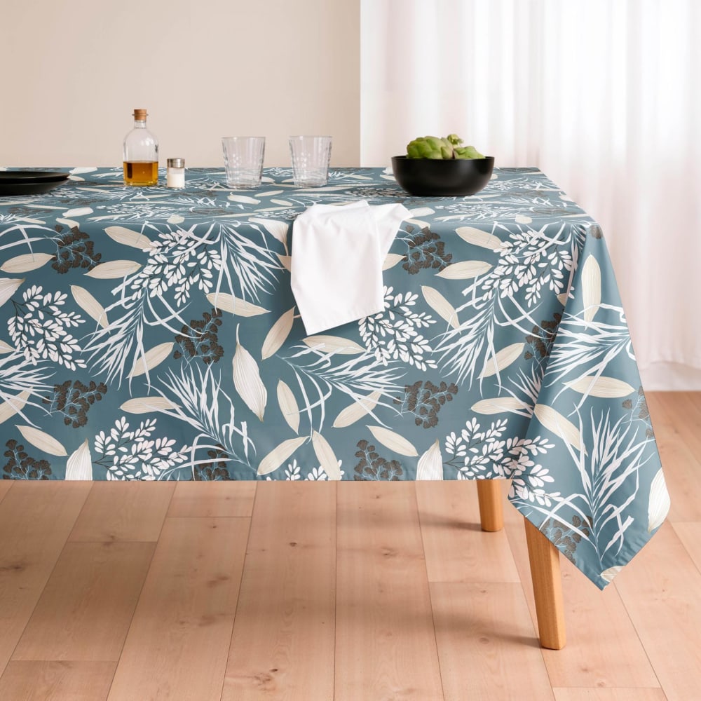 Nappe antitache bleu vert à feuilles décoratives 155x200