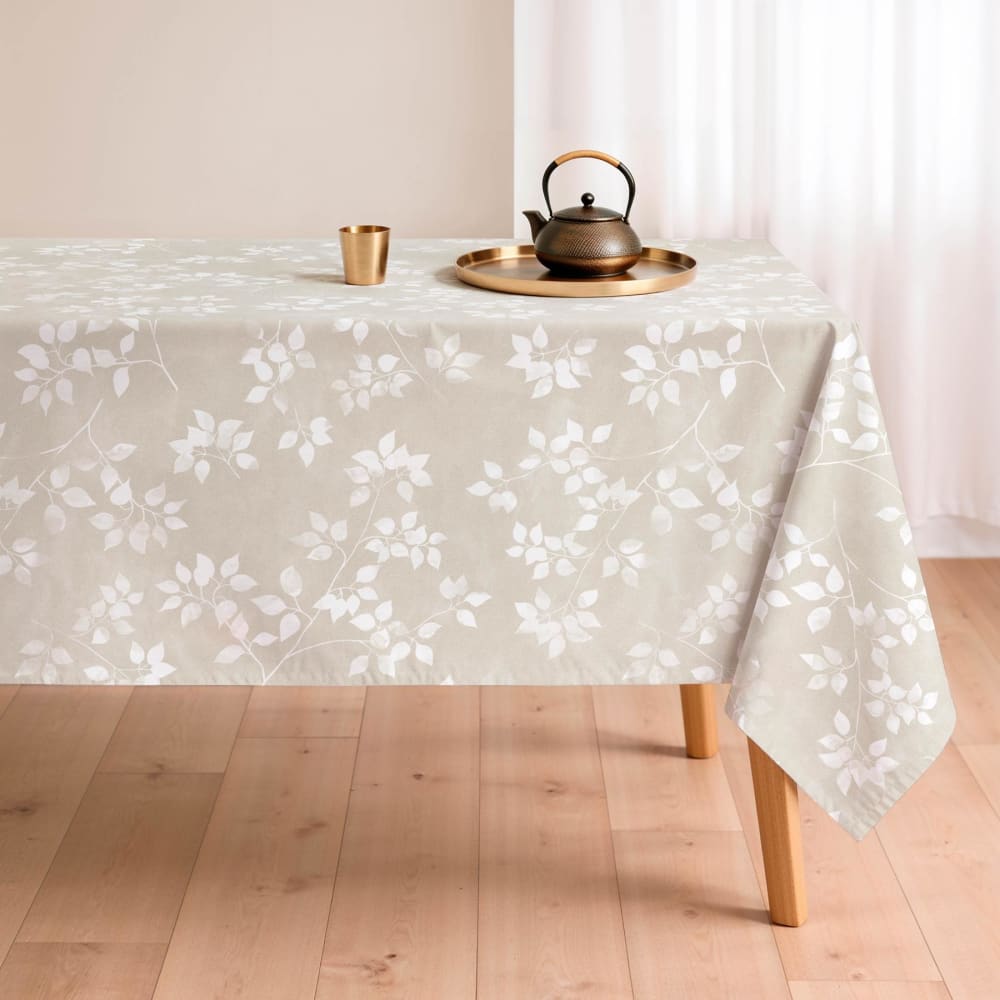 Nappe antitache beige à branches et feuilles blanches 155x155