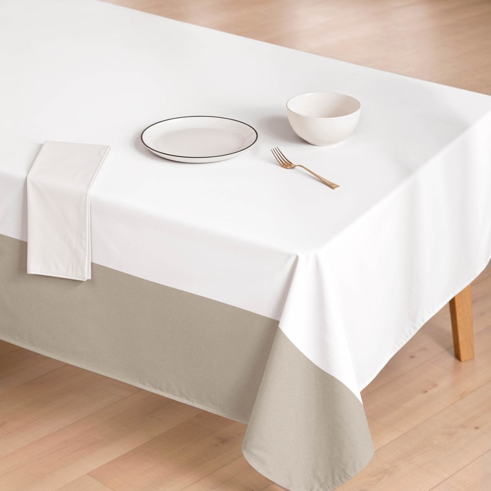Fleckabweisende Baumwoll-Tischdecke zweifarbig weiß beige 155x200