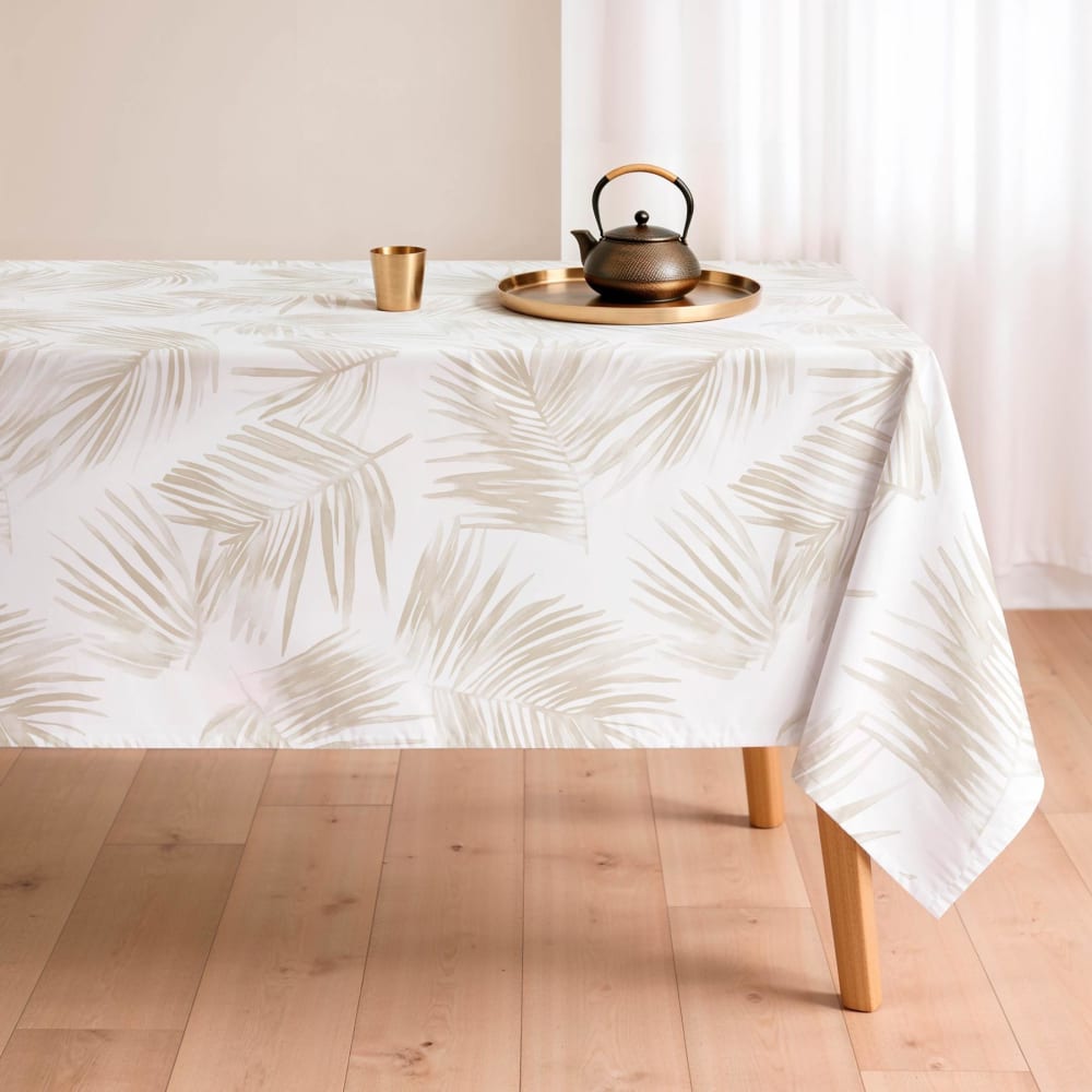 Mint Weiße fleckabweisende Tischdecke mit beigen Palmblättern 155x200 style modern - Baumwolle