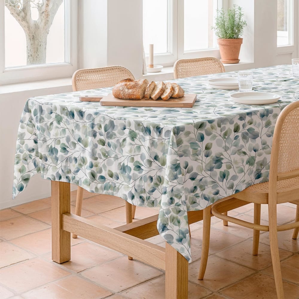 Nappe antitache à feuilles vertes et bleutées 155x200 Nappe antitache à feuilles vertes et bleutées 155x200