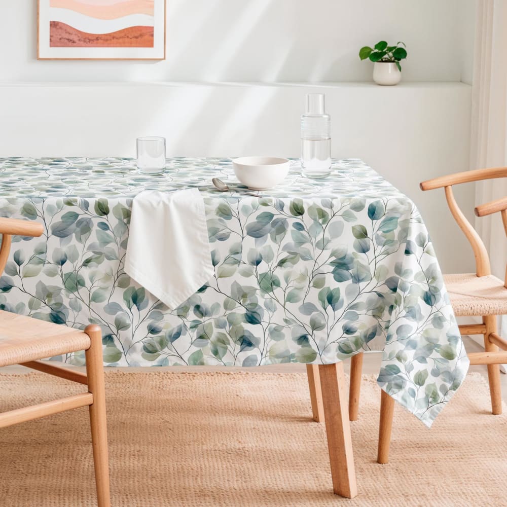 Fleckabweisende Tischdecke mit grünen und blauen Blättern 155x200