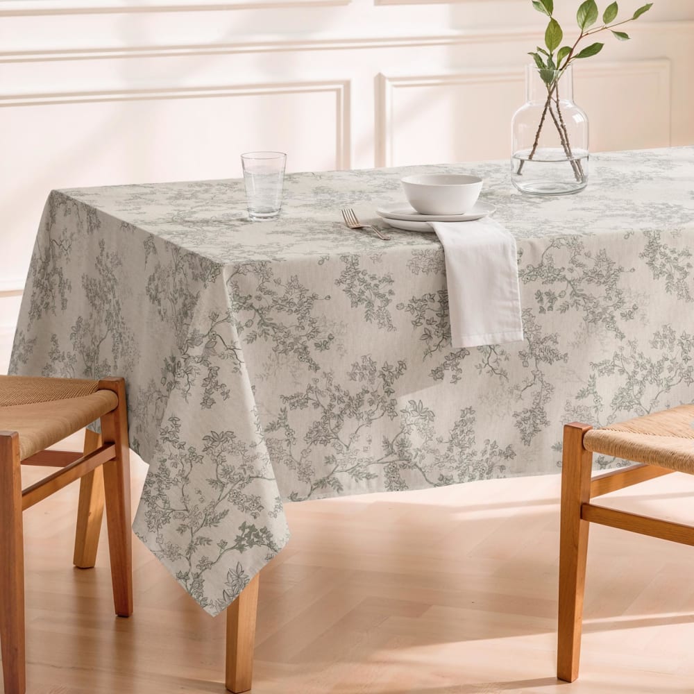 Fleckabweisende Baumwoll-Tischdecke mit floralen Zweigen 155x250