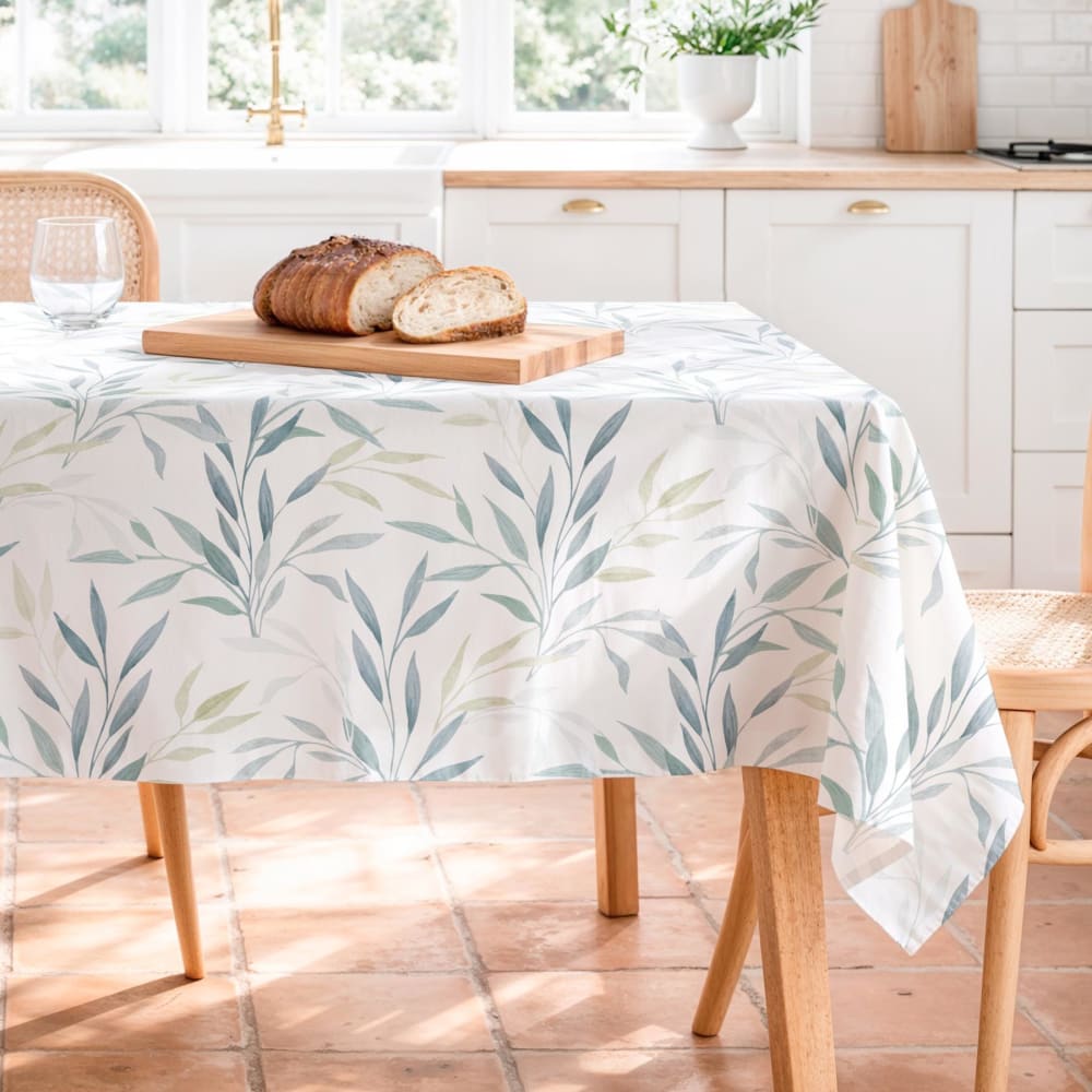 Mint Fleckabweisende Baumwoll-Tischdecke mit Blättern 155x200 style modern Blau Baumwolle