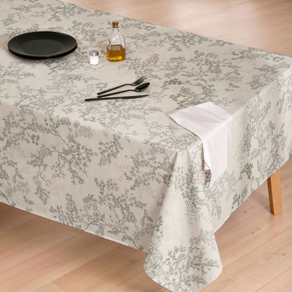 Nappe antitache en coton à branches fleuries vertes 155x300