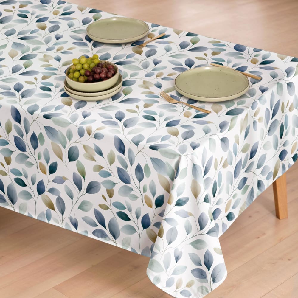 Fleckabweisende Baumwoll-Tischdecke mit blau-grünen Blättern