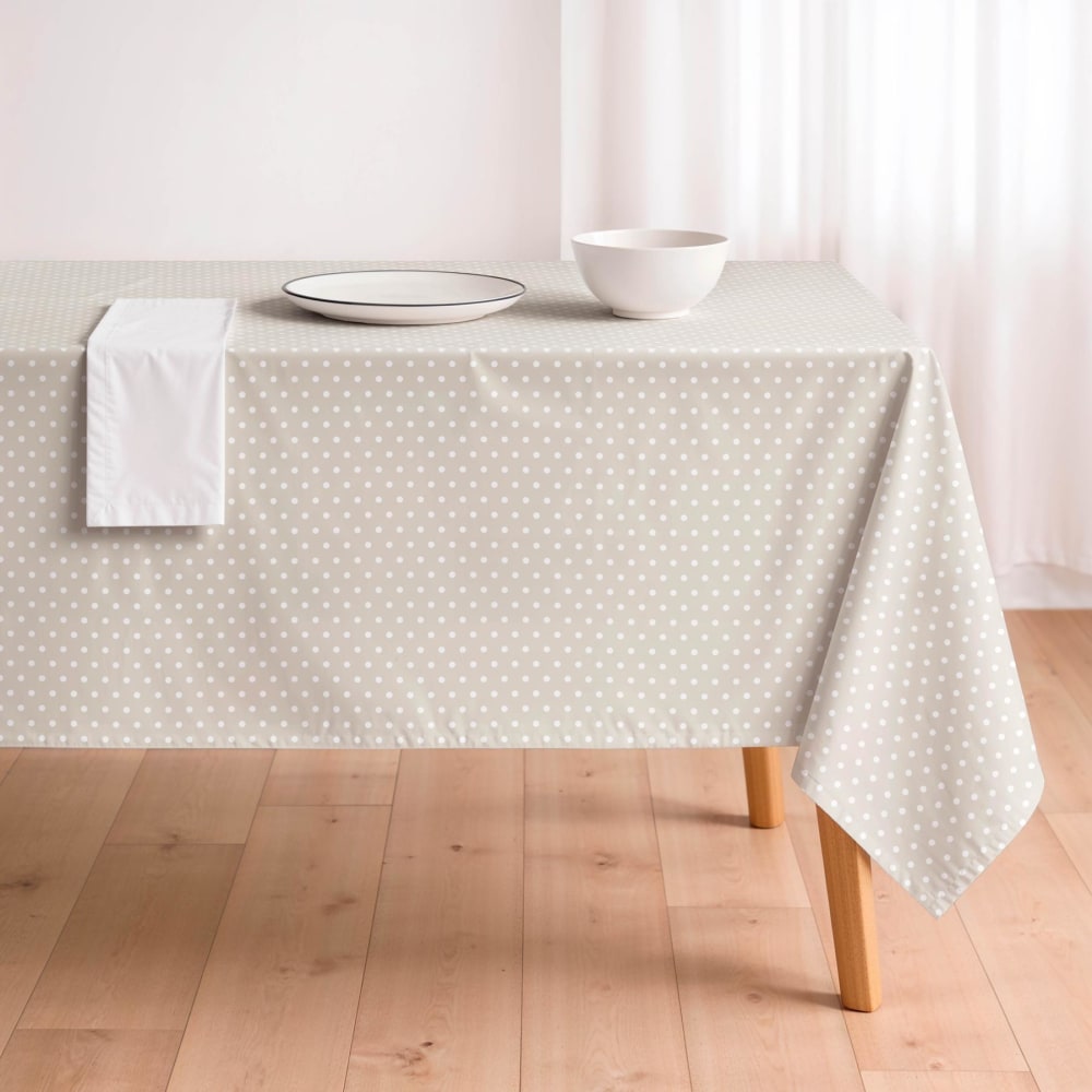 Nappe beige antitache en coton à pois blancs 155x300