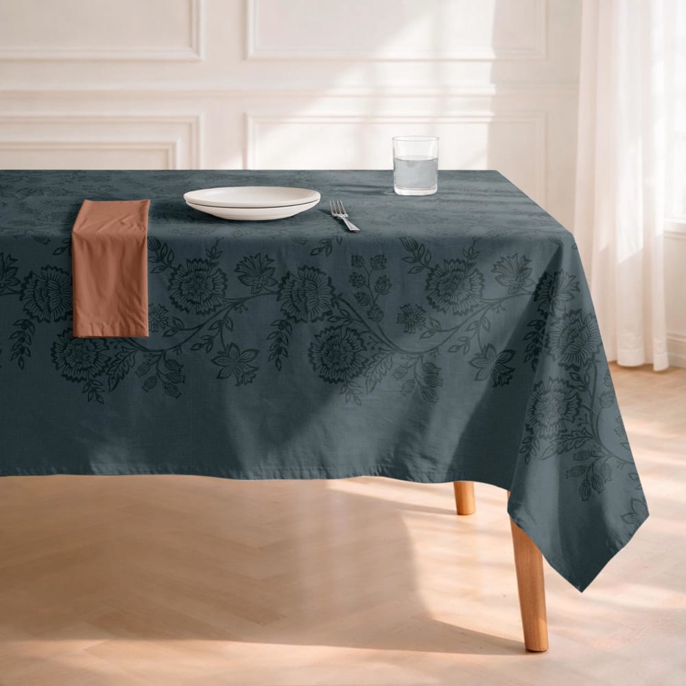 Fleckabweisende Tischdecke petrolblau mit Blumen 155x155 -