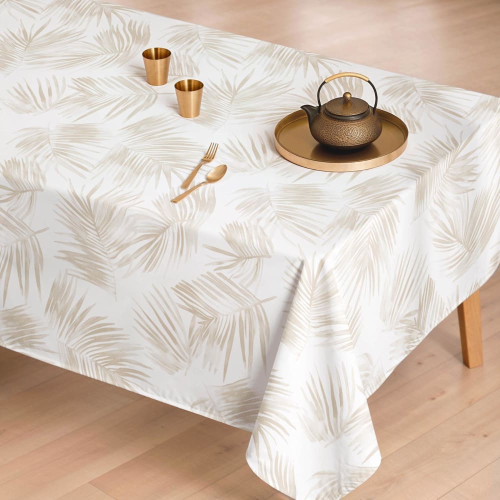 Weiße fleckabweisende Tischdecke mit beigen Palmblättern 155x100