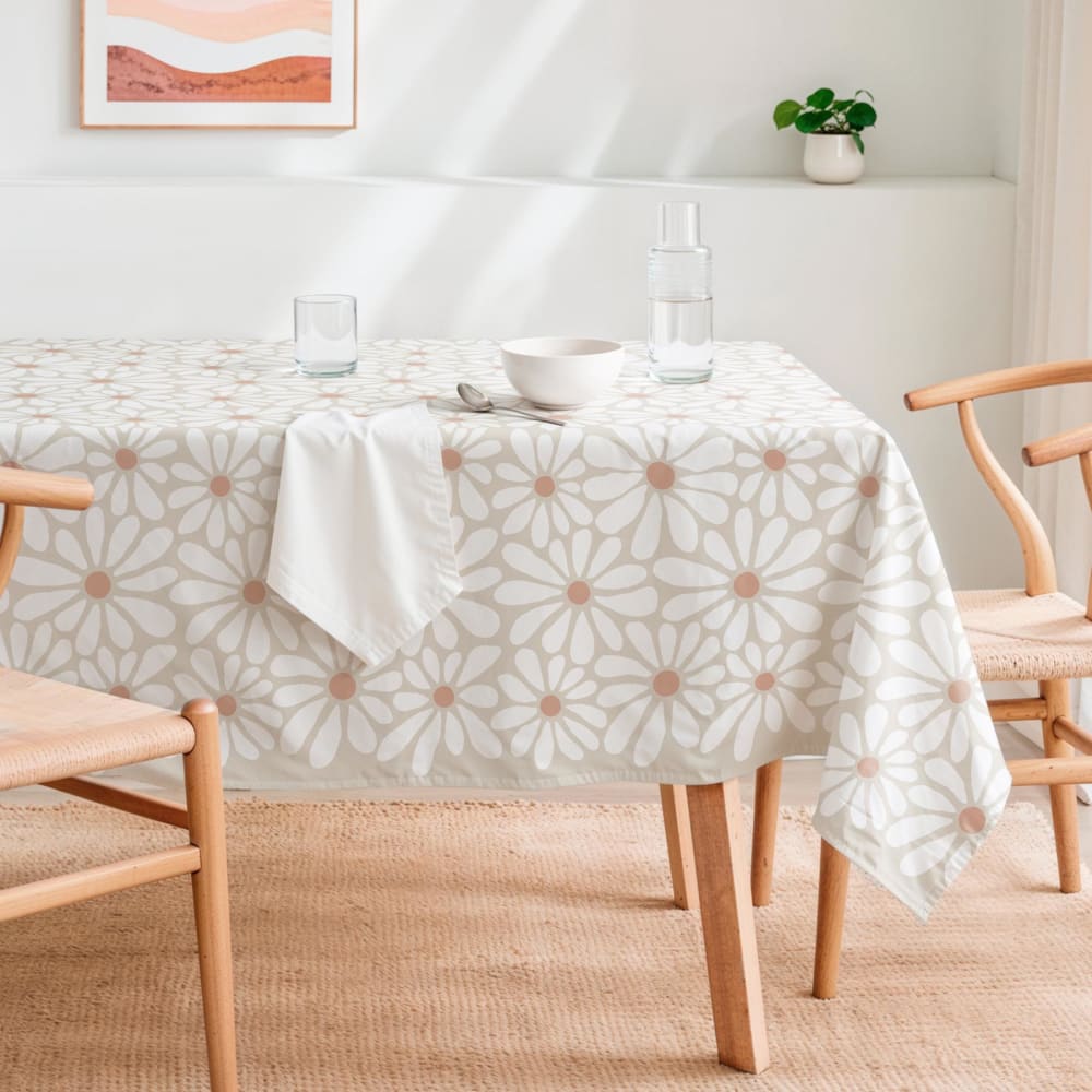 Nappe antitache beige à marguerites blanches 155x250
