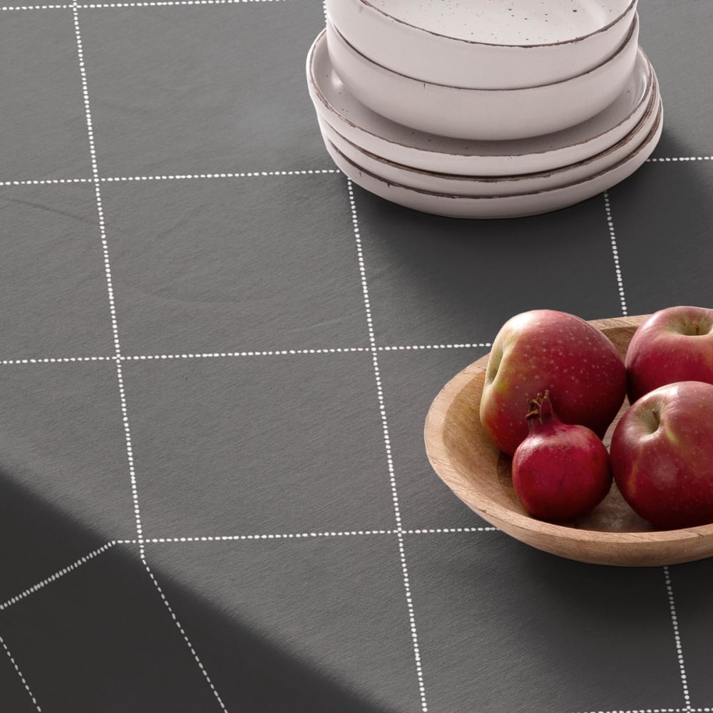 Graue fleckabweisende Baumwoll-Tischdecke mit weißen Rauten