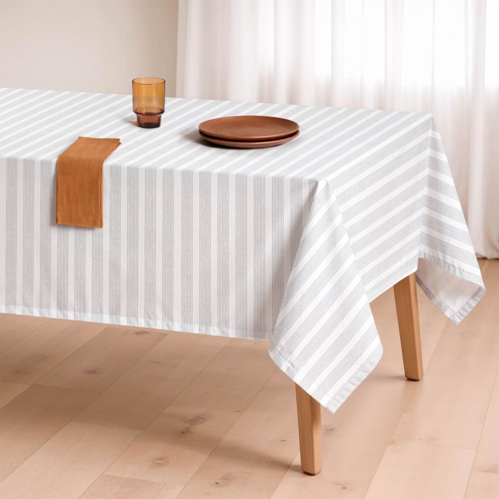 Nappe antitache en coton blanc à fines rayures grises 155x300