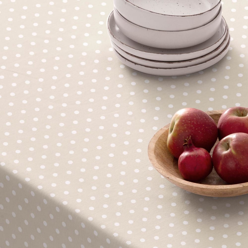 Beige fleckabweisende Baumwoll-Tischdecke mit weißen Punkten