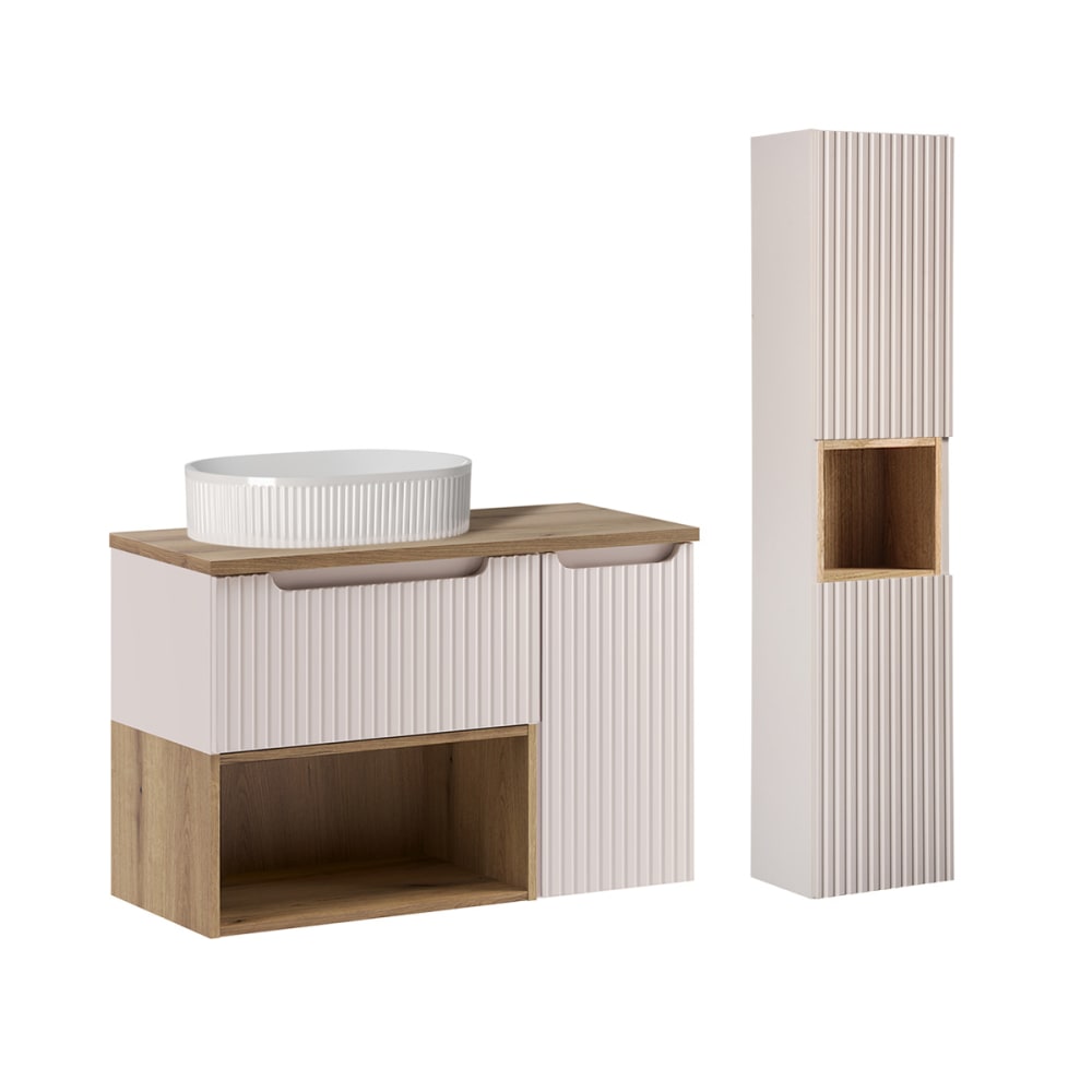 Ensemble meuble vasque 90cm colonne stratifiés beige