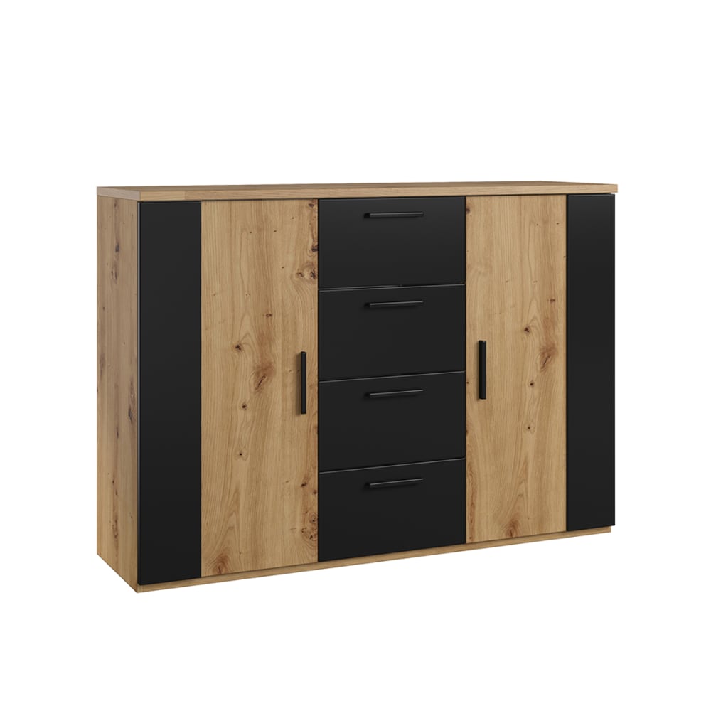 Kommode Mit 4 Schubladen Und 2 TüRen, Holzoptik Und Schwarz, 132Cm