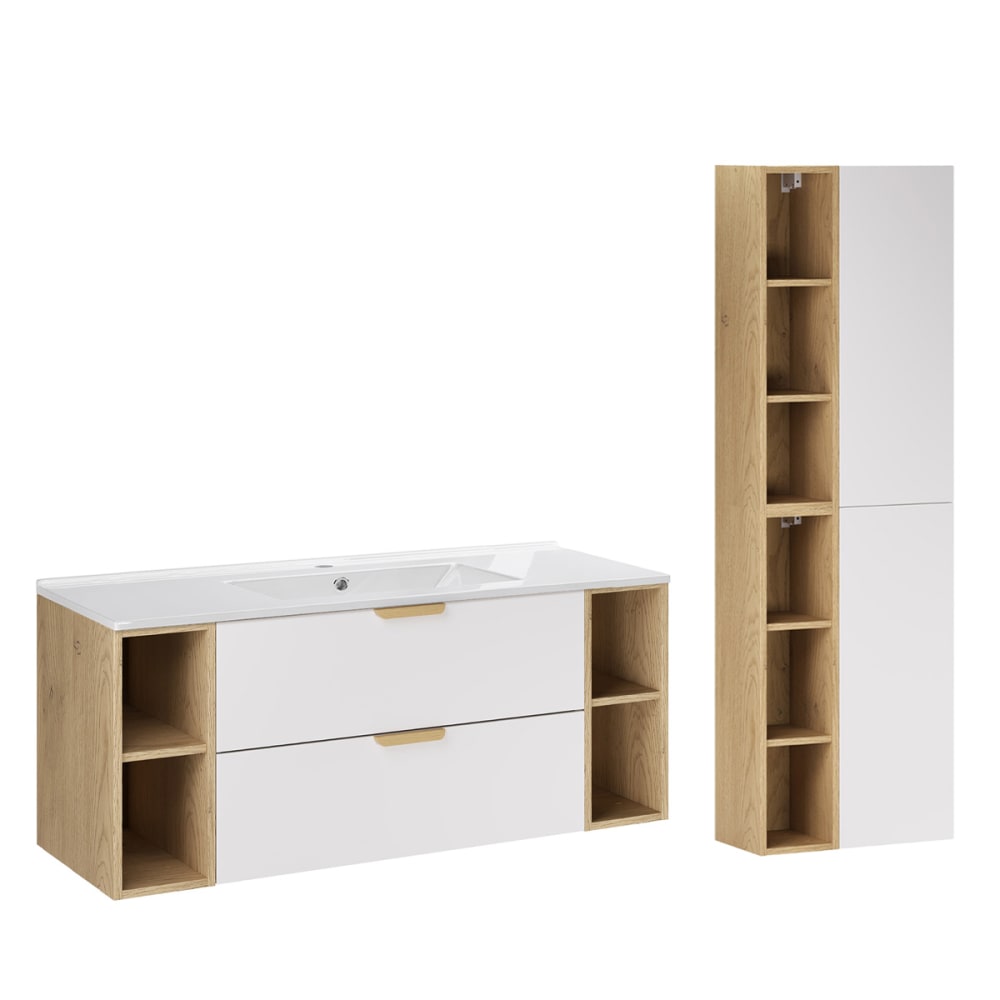 Ensemble meuble vasque encastrée 4 niches colonne stratifiés blanc
