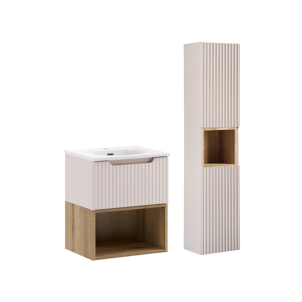 Ensemble meuble vasque encastrée colonne stratifiés beige
