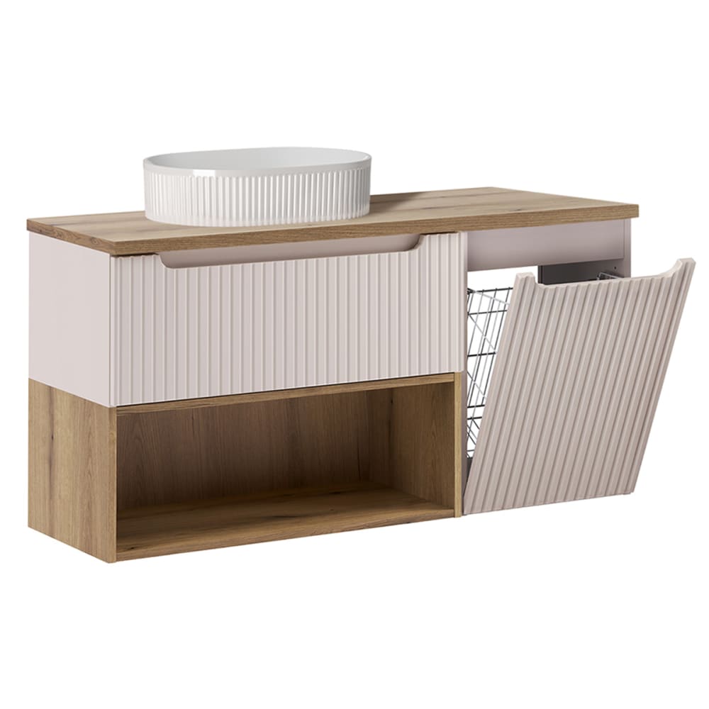 Meuble vasque panier à linge stratifiés beige