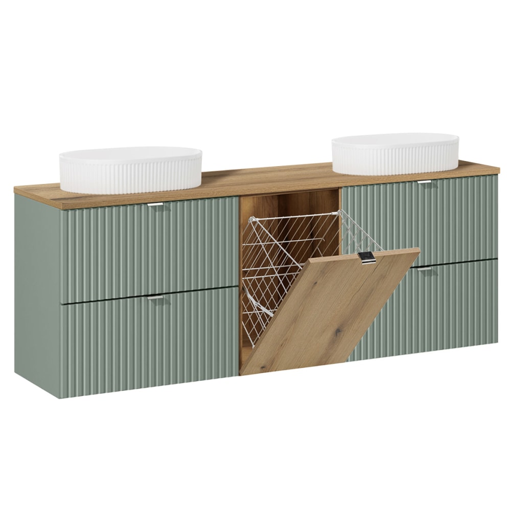 Meuble double vasque 1 panier à linge stratifiés vert