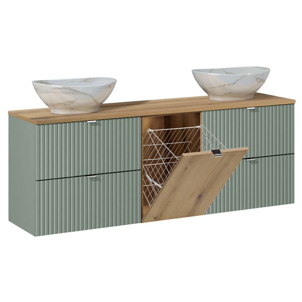 Meuble double vasque 1 panier à linge stratifiés vert