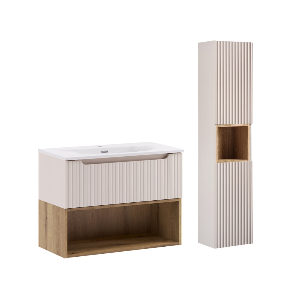 Ensemble meuble vasque encastrée colonne stratifiés beige