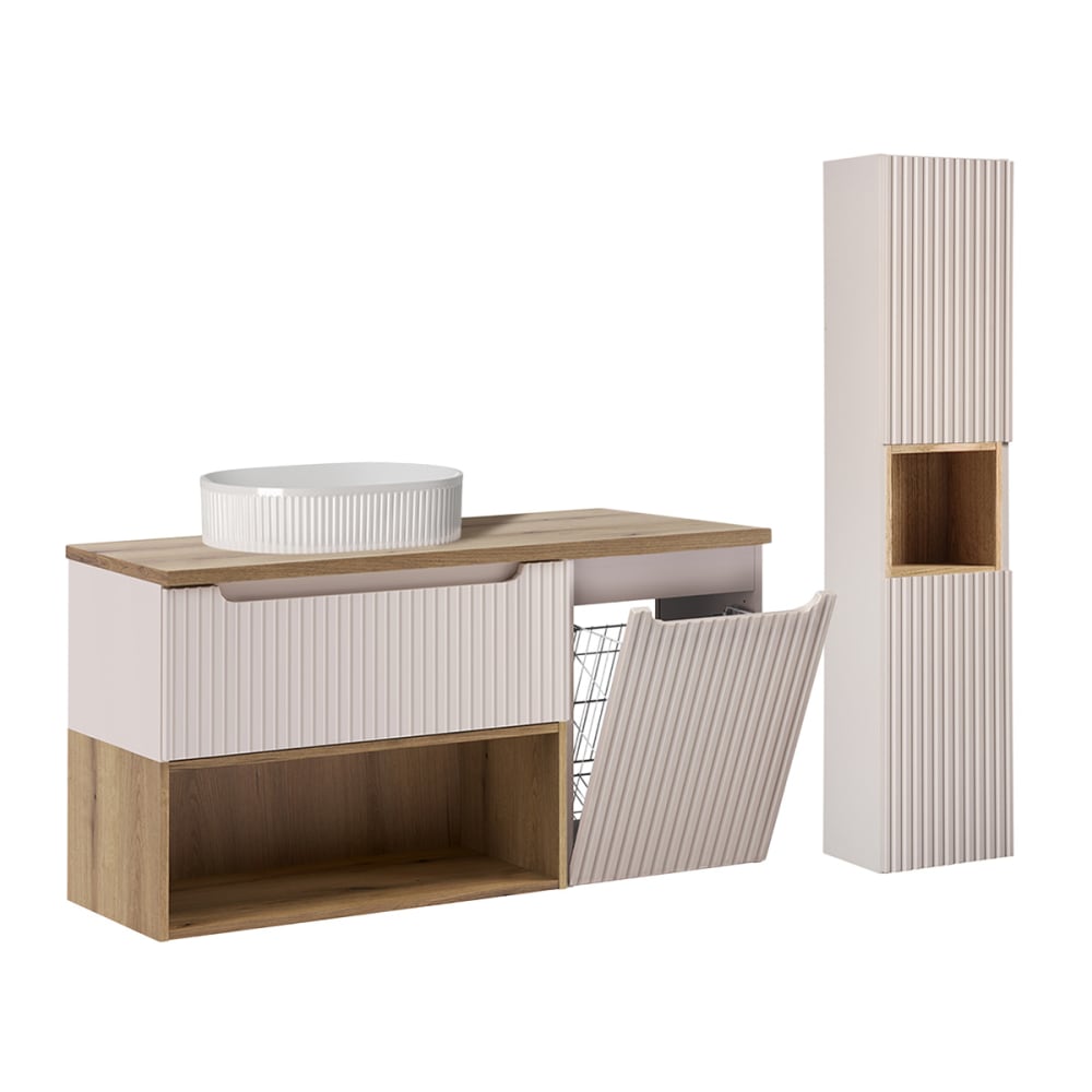 Ensemble meuble vasque panier à linge colonne stratifiés beige