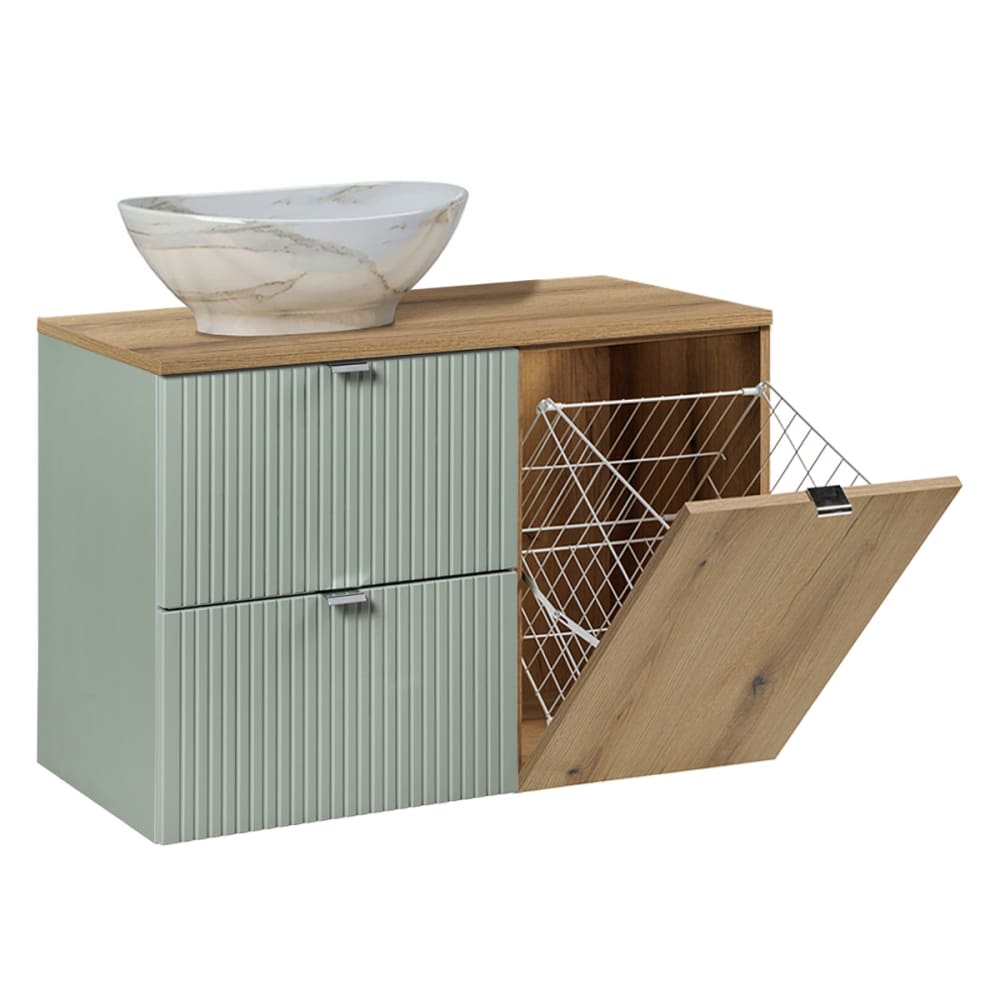 Meuble vasque 90cm panier à linge stratifiés vert
